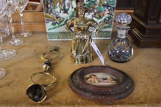 Brass figure, box & bell Angel oval paperweight, bottle